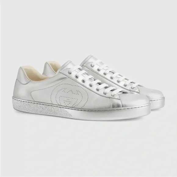 Gucci Nappa Ace Metallic Silver GG Leather Sneaker Size G8.5, US9.5 - Picture 1 of 7